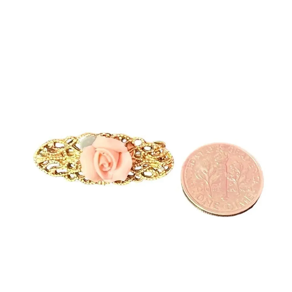 1928 Small Gold Tone Pink Rose Filigree Brooch